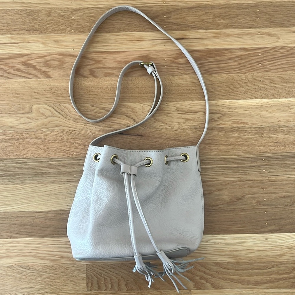 J. Crew Leather Bucket Bag with Fringe Beige